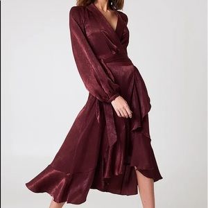 NA-KD Burgundy Wrap Over Satin Frill Midi Dress